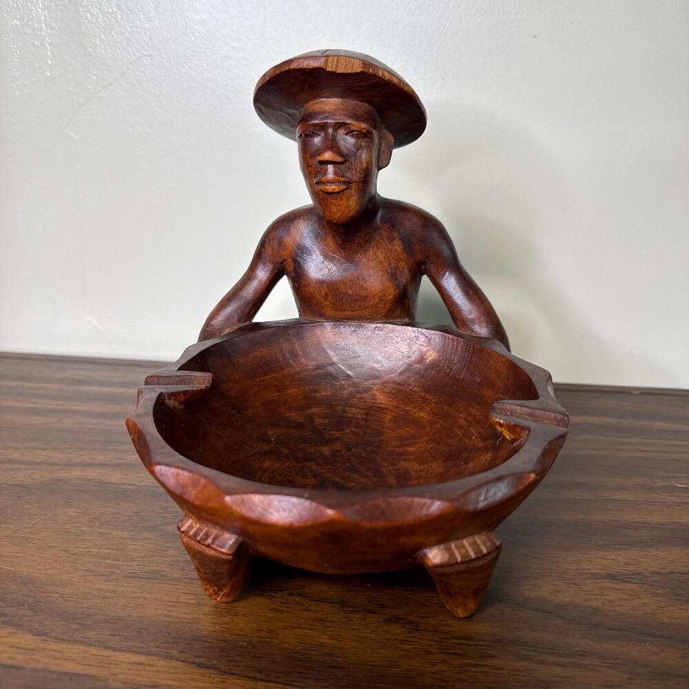 Mid Century Wooden Carved Oriental Man Holding Bowl Ashtray